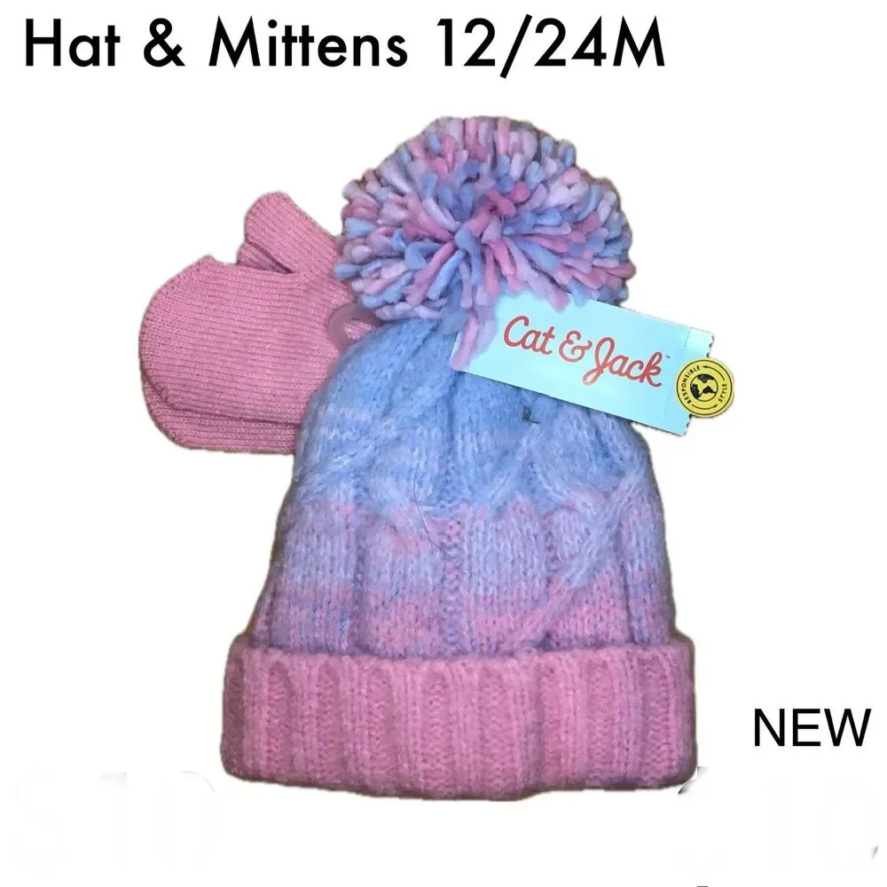 Cat & Jack Ombré Winter Hat & Mittens Pink Purple Pom Toddler 12-24m